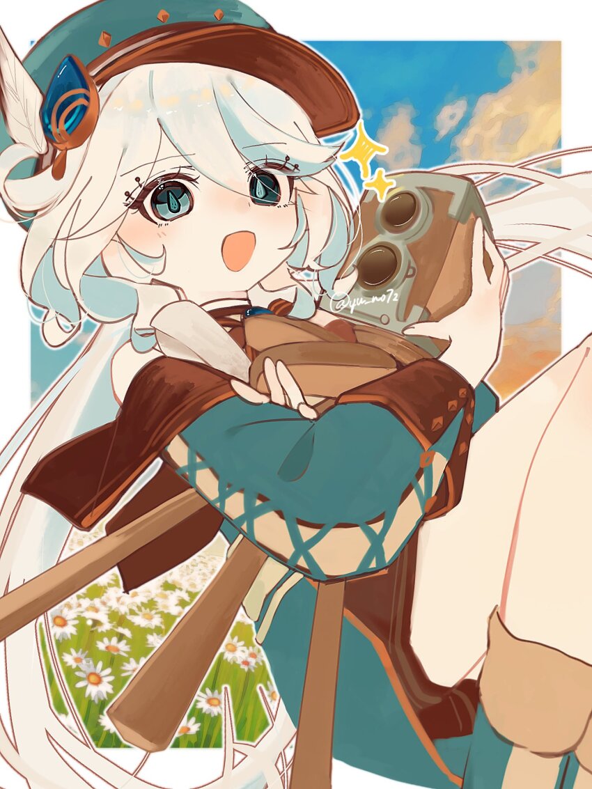 1girl, alternate_color, artist_name, blue_eyes, blue_gem, blue_hair, blue_hat, blue_sleeves, bow, brooch, camera, charlotte_(genshin_impact), charlotte_(genshin_impact)_(cosplay), cosplay, cross-laced_clothes, cross-laced_sleeves, detached_sleeves, furina_(genshin_impact), gem, genshin_impact, gold_trim, hair_between_eyes, hat, hat_feather, heterochromia, highres, holding, holding_camera, jewelry, light_blue_hair, long_hair, multicolored_hair, newsboy_cap, open_mouth, puffy_detached_sleeves, puffy_sleeves, solo, sparkle, twin-lens_reflex_camera, white_hair, yu_no72