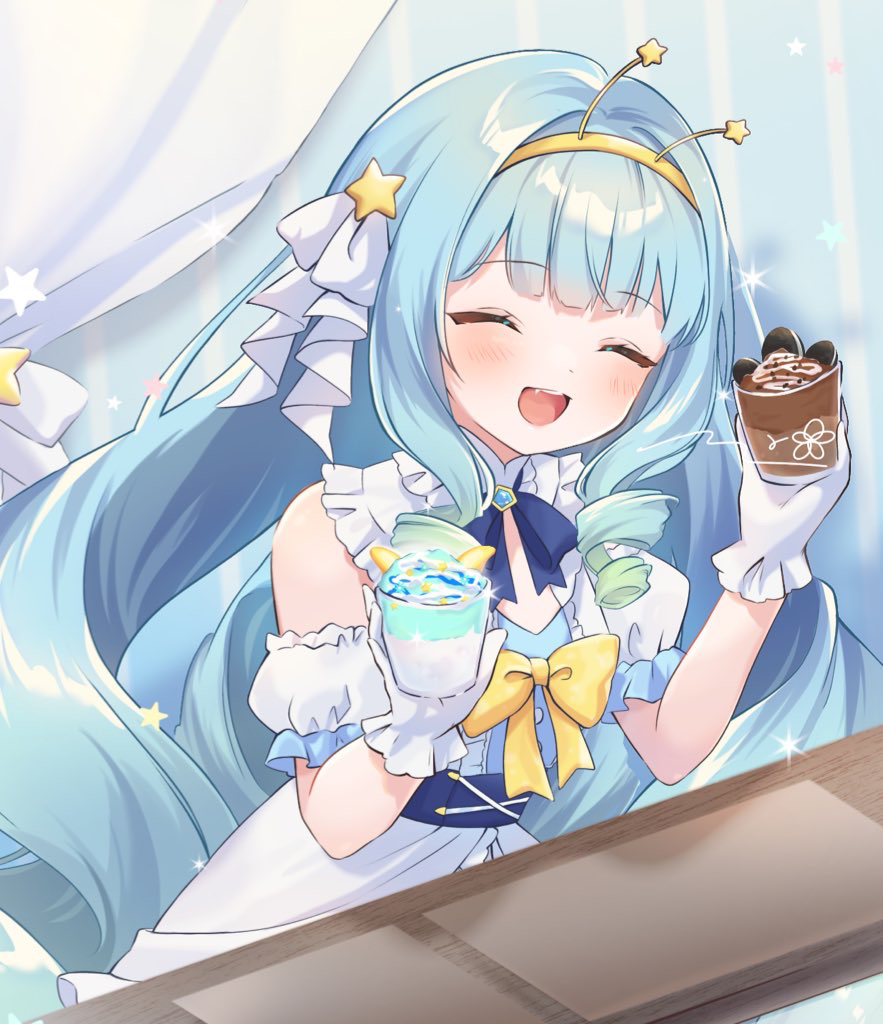 1girl, arm_garter, blue_bow, blue_bowtie, blue_hair, bow, bowtie, brooch