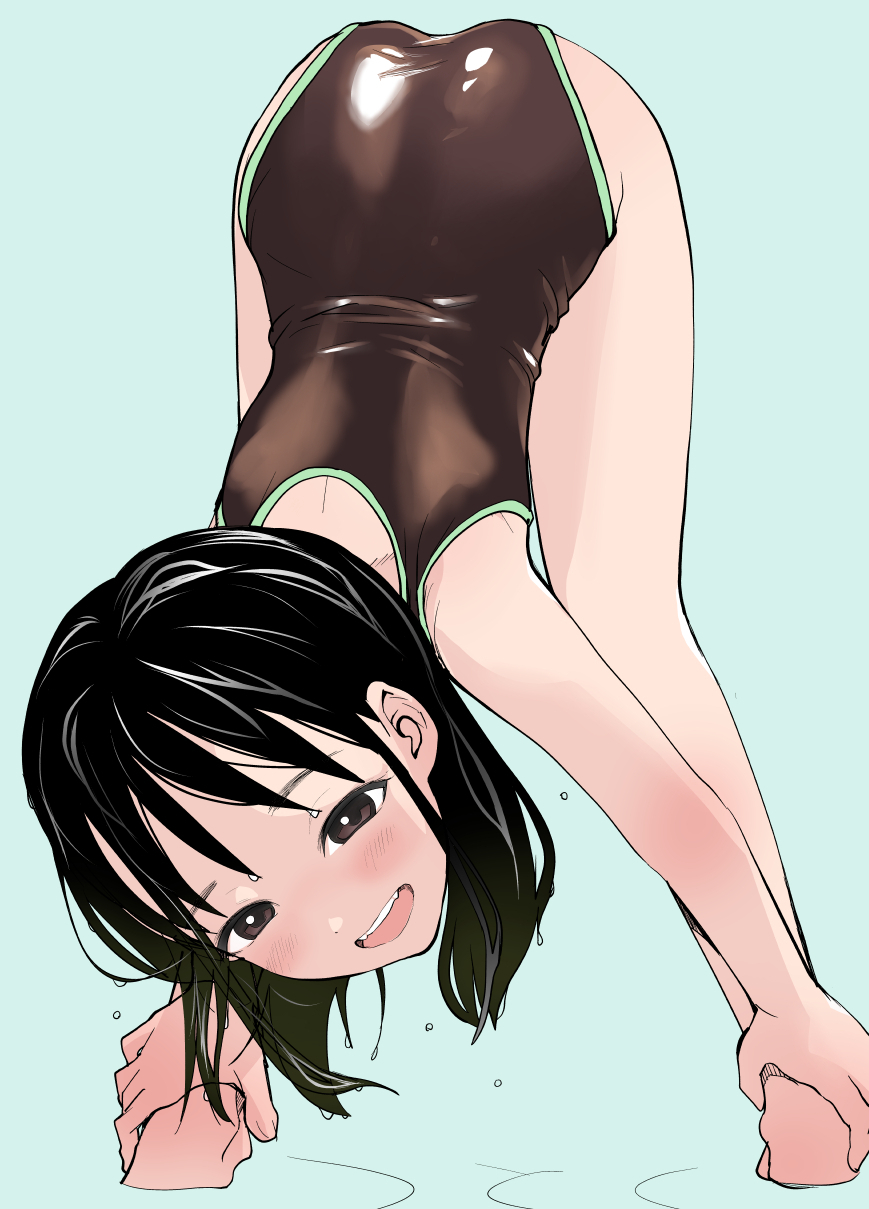 black_hair, brown_eyes, dripping, hanamizawa_q-tarou, highres, one-piece_swimsuit, open_mouth, original