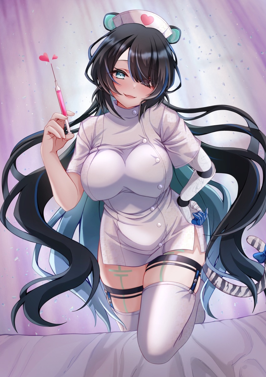 1girl, animal_ears, black_hair, blue_eyes, blue_hair, body_markings, breasts, colored_inner_hair
