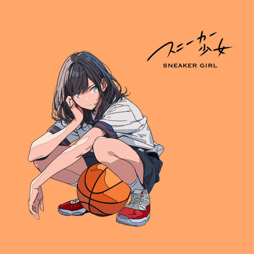 1girl, air_jordan_11, ball, basketball_(object), haluchilu, highres, looking_at_viewer, orange_background