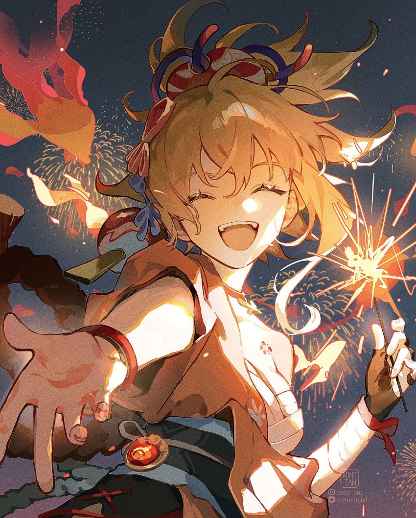 1girl, arm_tattoo, bandages, blonde_hair, breasts, chest_tattoo, cleavage, genshin_impact