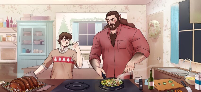 2boys, animal_ears, bara, beard, body_fur, christmas, christmas_tree_print, conrad_(getonjbart)