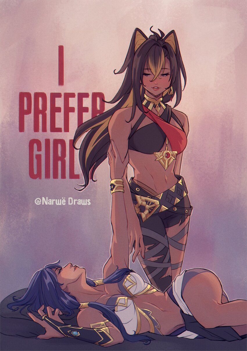 2girls, ancient_egyptian_clothes, asymmetrical_clothes, black_hair, blue_hair, book_cover_redraw, breasts, candace_(genshin_impact), cleavage, dark-skinned_female, dark_skin, dehya_(genshin_impact), derivative_work, english_text, genshin_impact, gold_choker, hair_between_eyes, highres, i_prefer_girls, large_breasts, lying, midriff, multicolored_hair, multiple_girls, narwedraws, parody, purple_hair, short_hair_with_long_locks, streaked_hair, tagme, title_parody, vision_(genshin_impact), yuri