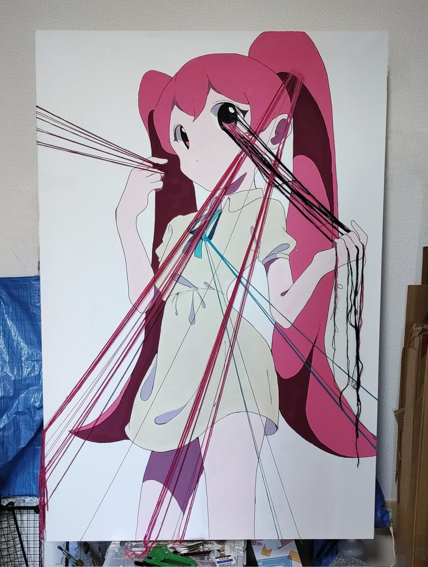 1girl, acrylic_paint_(medium), aqua_ribbon, closed_mouth, collared_dress, commentary_request, cowboy_shot, dress