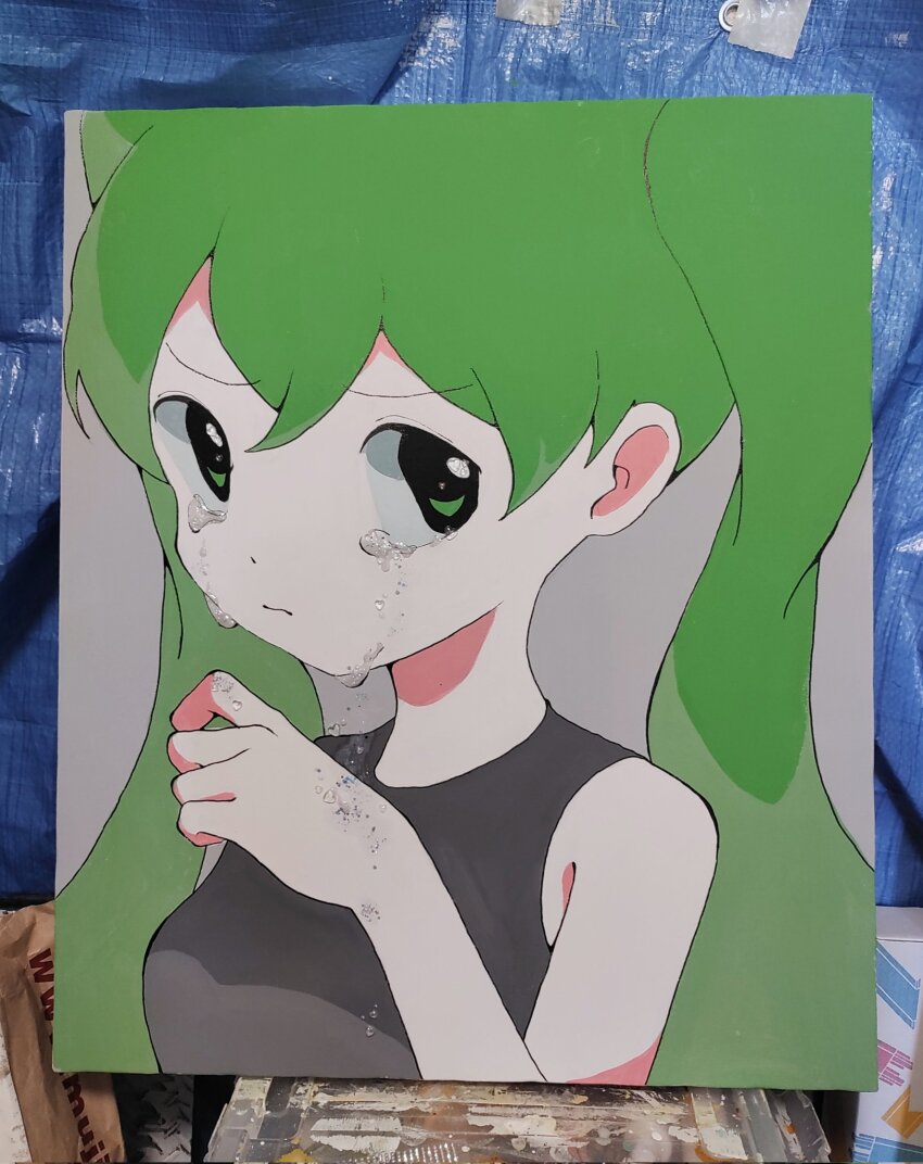1girl, acrylic_paint_(medium), bare_shoulders, closed_mouth, commentary_request, crying, crying_with_eyes_open, green_eyes