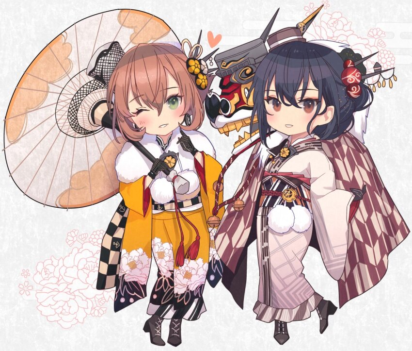 2girls, black_gloves, black_hair, brown_hair, chibi, closed_mouth, commentary_request, egasumi