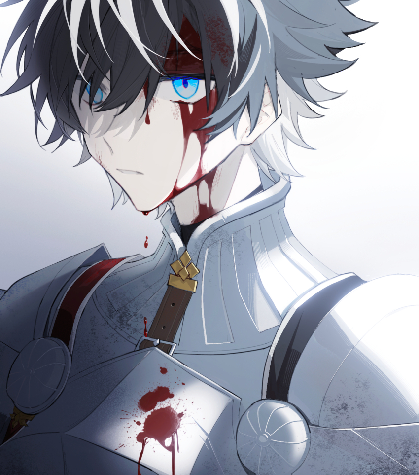 1boy, armor, black_hair, blood, blood_on_armor, blood_on_chest, blood_on_clothes, blood_on_face