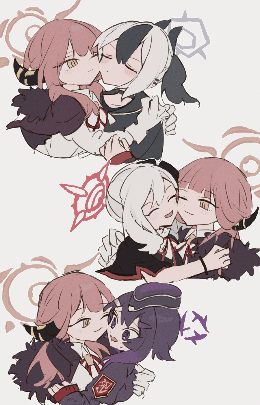 4girls, @_@, aru_(blue_archive), black_hair, black_headwear, black_horns, black_jacket, black_shirt