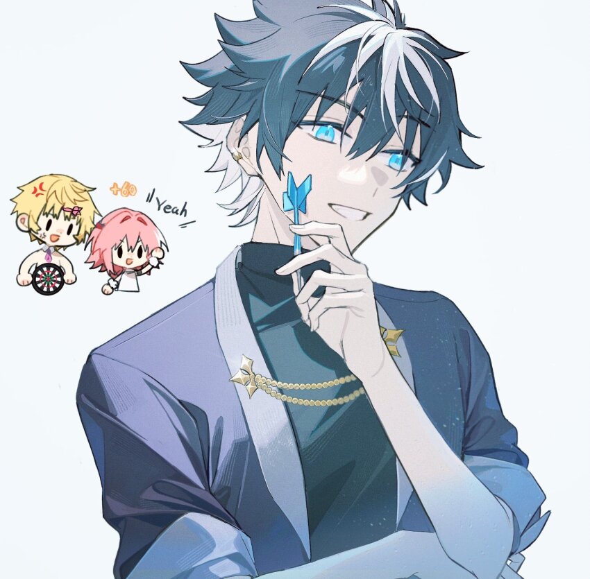 3boys, anger_vein, astolfo_(fate), astolfo_(three_in_the_black)_(fate), black_hair, black_sweater, blonde_hair, blue_eyes