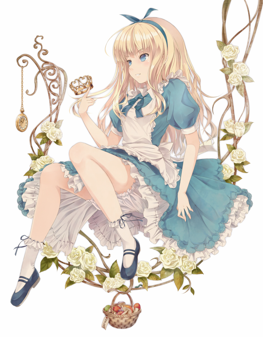 1girl, alice_(alice_in_wonderland), alice's_adventures_in_wonderland, apron, basket, blonde_hair, bloomers, blue_eyes