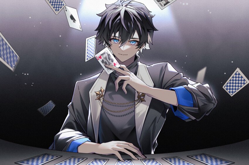 1boy, ace_(playing_card), black_background, black_hair, black_jacket, blue_eyes, card, charlemagne_(fate)