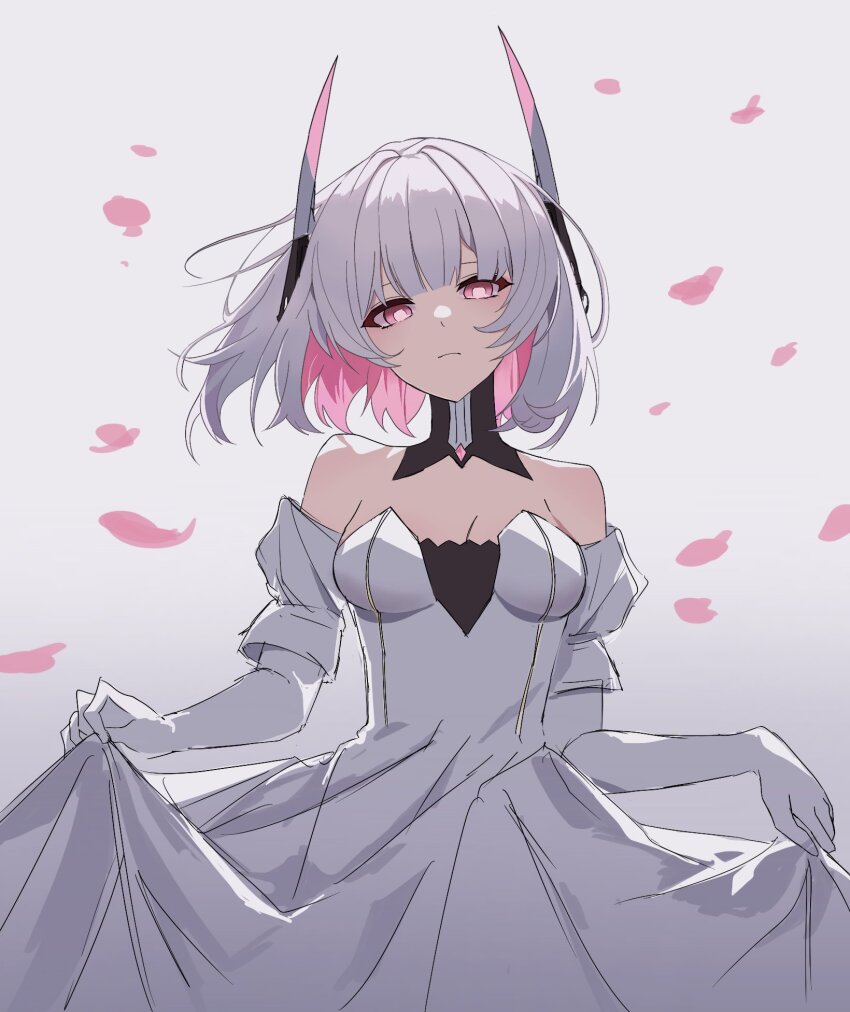 1girl, bare_shoulders, black_collar, closed_mouth, clothes_lift, collar, colored_inner_hair, detached_collar, detached_sleeves, dress, dress_lift, elbow_gloves, falling_petals, gloves, grey_dress, grey_gloves, grey_hair, headgear, high_collar, highres, liv:_luminance_(pgr), liv_(pgr), looking_at_viewer, medium_hair, multicolored_hair, myeonghas, petals, pink_eyes, pink_hair, pink_petals, punishing:_gray_raven, sidelocks, solo