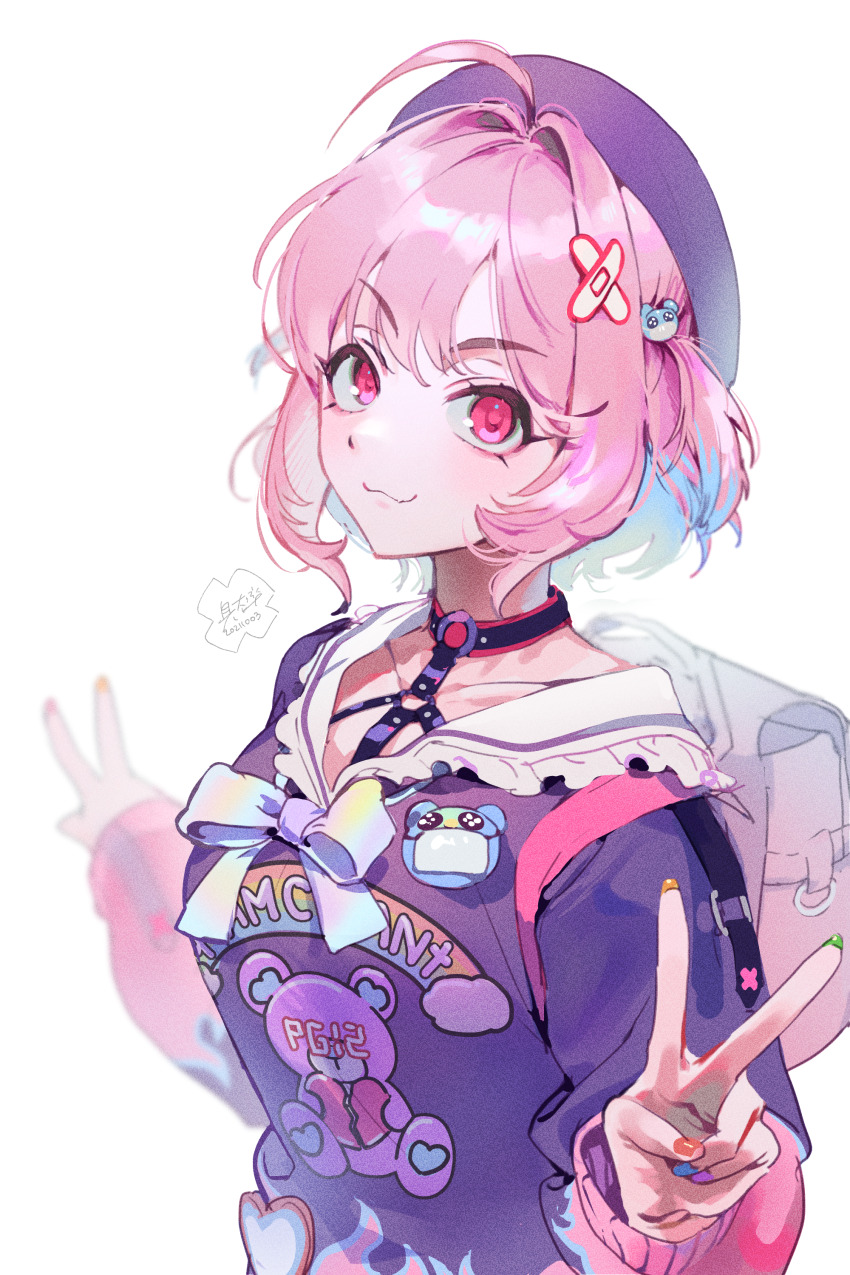 1girl, :3, absurdres, ahoge, animal_print, aqua_hair, backpack, baekryang