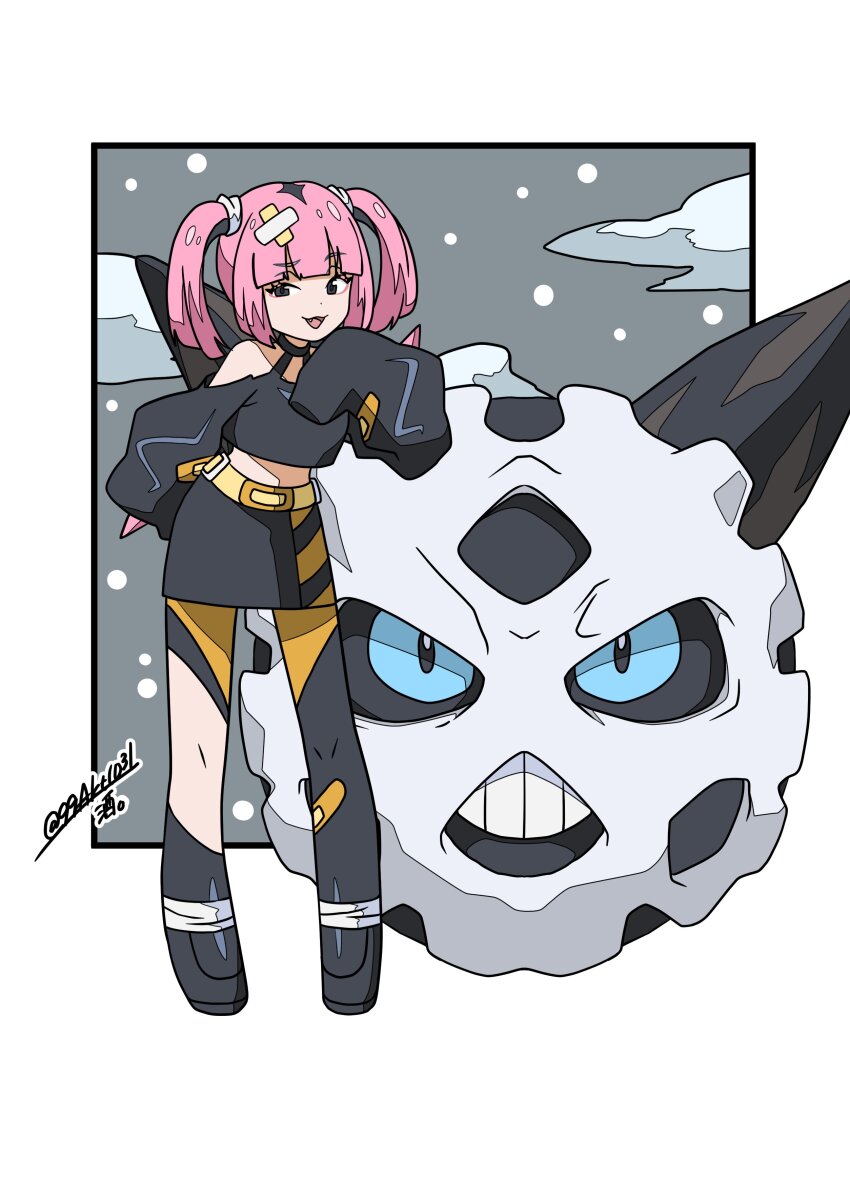 1girl, 99akt1031, :d, absurdres, belt, black_eyes, blunt_bangs, coral_(pokemon)