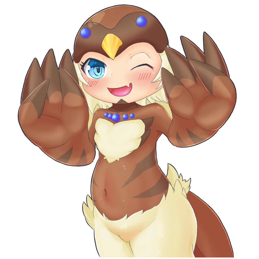 1girl, belly, bird_hat, bird_hood, bird_legs, bird_tail, blonde_hair, blue_eyes