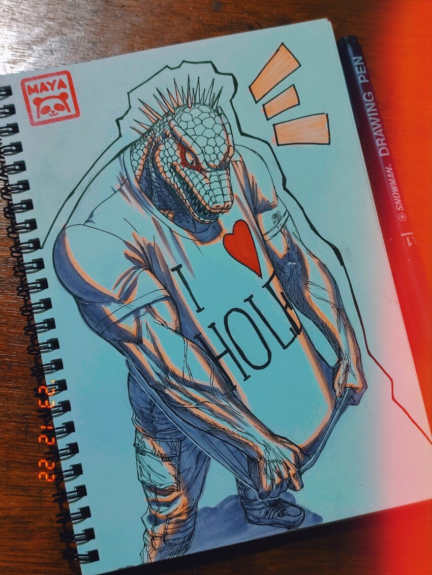 1boy, animal_head, art_tools_in_frame, bara, caiman_(dorohedoro), cargo_pants, clothes_pull, clothes_writing