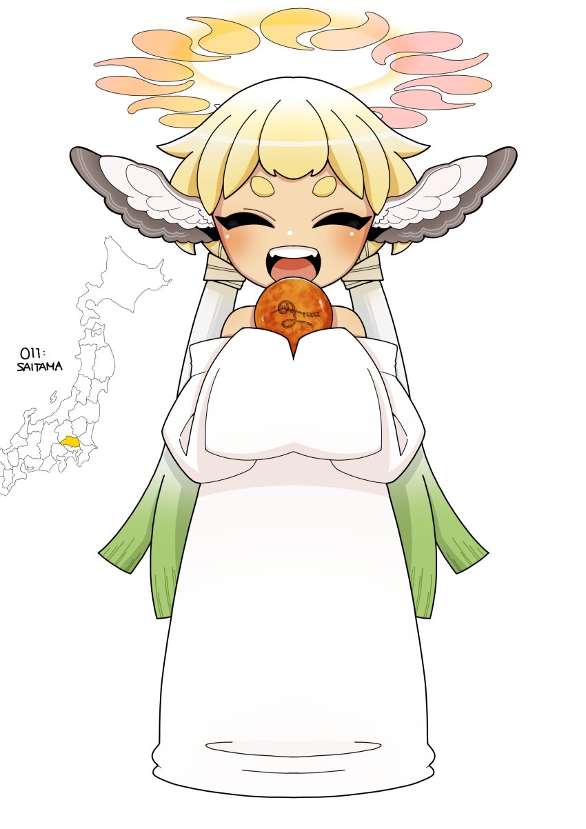 1girl, :d, absurdres, blonde_hair, closed_eyes, fangs, gradient_hair, green_hair