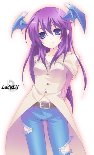 10s, 1girl, blue_eyes, breasts, cowboy_shot, denim, dragon_(trickster), female_focus, head_wings, jeans, lowres, moe_(phrase), moru, pants, purple_hair, solo, torn_clothes, trickster_(ntreev_soft), wings