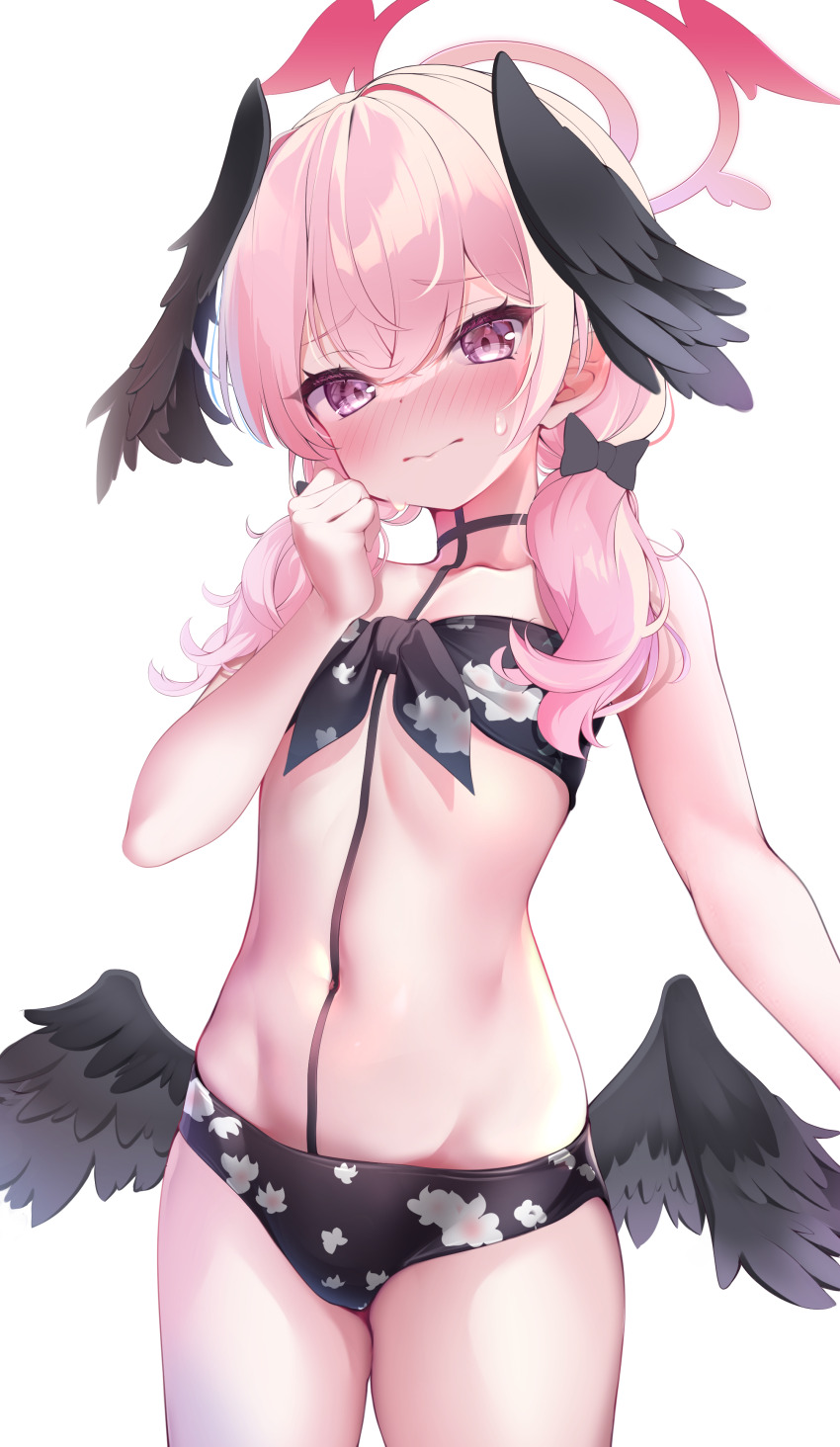 1girl, absurdres, argentum_2o, bikini, black_bikini, black_wings, blue_archive, blush