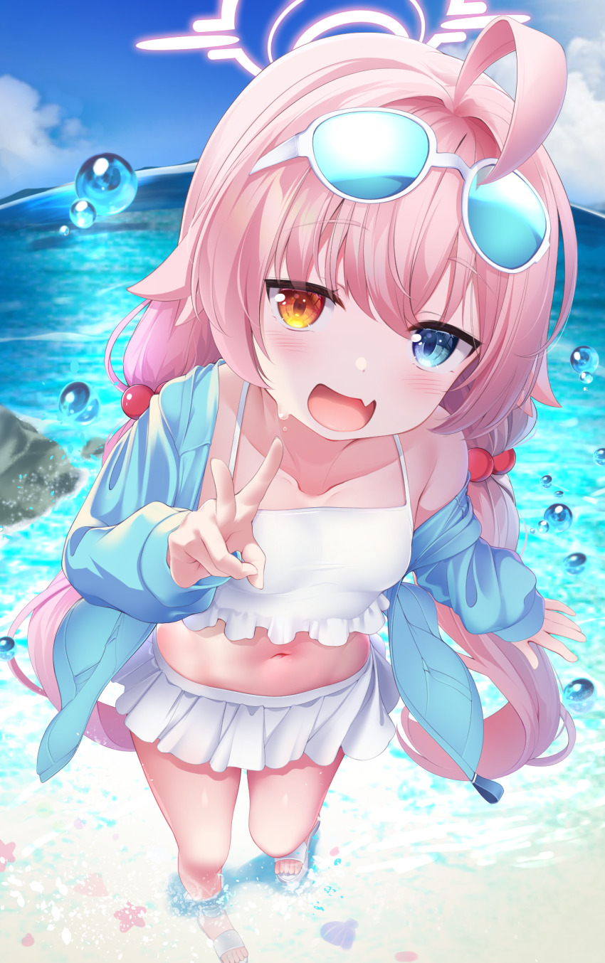 1girl, ahoge, argentum_2o, beach, bikini, bikini_skirt, blue-tinted_eyewear, blue_archive, blue_eyes, blue_jacket, blue_sky, blush, commentary, day, eyewear_on_head, fang, fisheye, from_above, hair_bobbles, hair_ornament, halo, heterochromia, highres, hoshino_(blue_archive), hoshino_(swimsuit)_(blue_archive), huge_ahoge, jacket, long_hair, looking_at_viewer, low_twintails, navel, official_alternate_costume, open_clothes, open_jacket, open_mouth, orange_eyes, outdoors, pink_hair, pink_halo, sandals, single_bare_shoulder, skin_fang, sky, smile, solo, sunglasses, swimsuit, tinted_eyewear, twintails, v, water, white_bikini