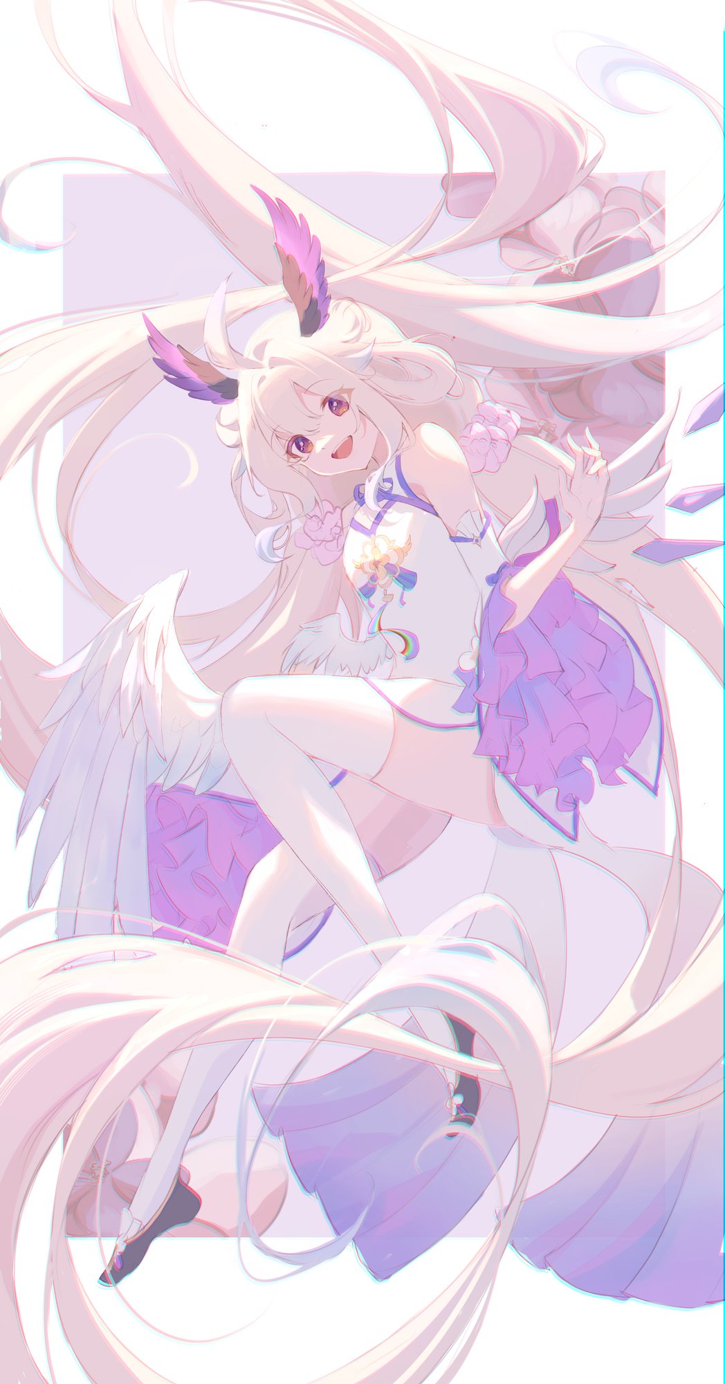 1girl, absurdly_long_hair, black_footwear, blonde_hair, blue_trim, chinese_clothes, detached_sleeves, dress