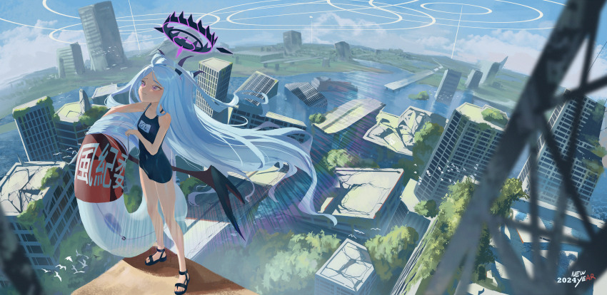 1girl, abandoned, absurdres, ahoge, blue_archive, blush, building, city, demon_horns, demon_wings, hafe, hair_ornament, hairclip, halo, highres, hina_(blue_archive), hina_(swimsuit)_(blue_archive), horns, incredibly_absurdres, innertube, long_hair, name_tag, official_alternate_costume, old_school_swimsuit, one-piece_swimsuit, outdoors, overgrown, parted_bangs, purple_eyes, ruins, scenery, school_swimsuit, skyscraper, solo, swim_ring, swimsuit, very_long_hair, white_hair, wings