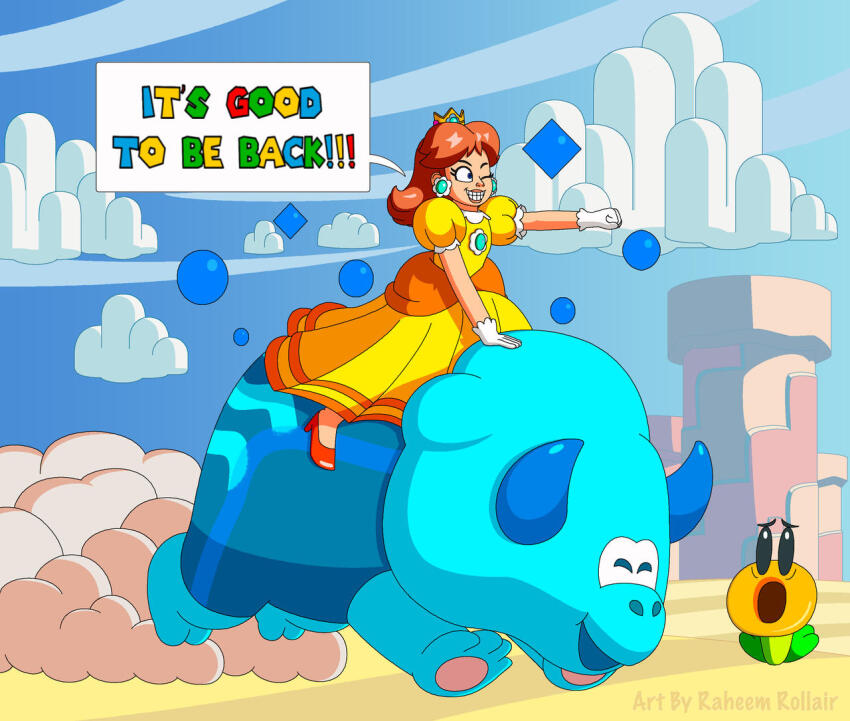 1girl, blue_eyes, brooch, brown_hair, bulrush_(mario), crown, dress, dust