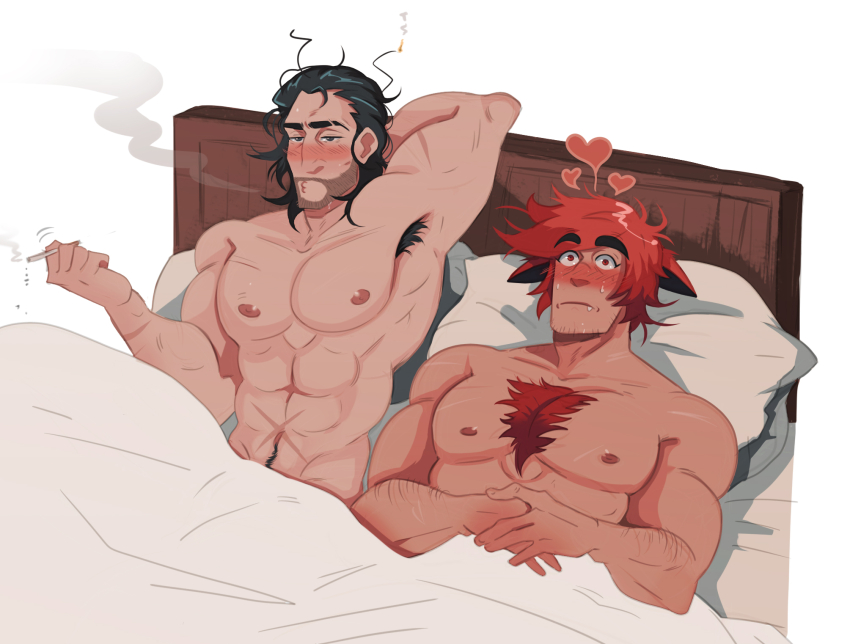 2boys, abs, afterglow, bara, blank_stare, blush, cigarette, couple
