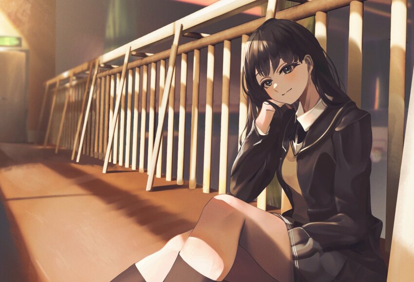 1girl, amagami, ayatsuji_tsukasa, black_bow, black_bowtie, black_eyes, black_hair, black_jacket