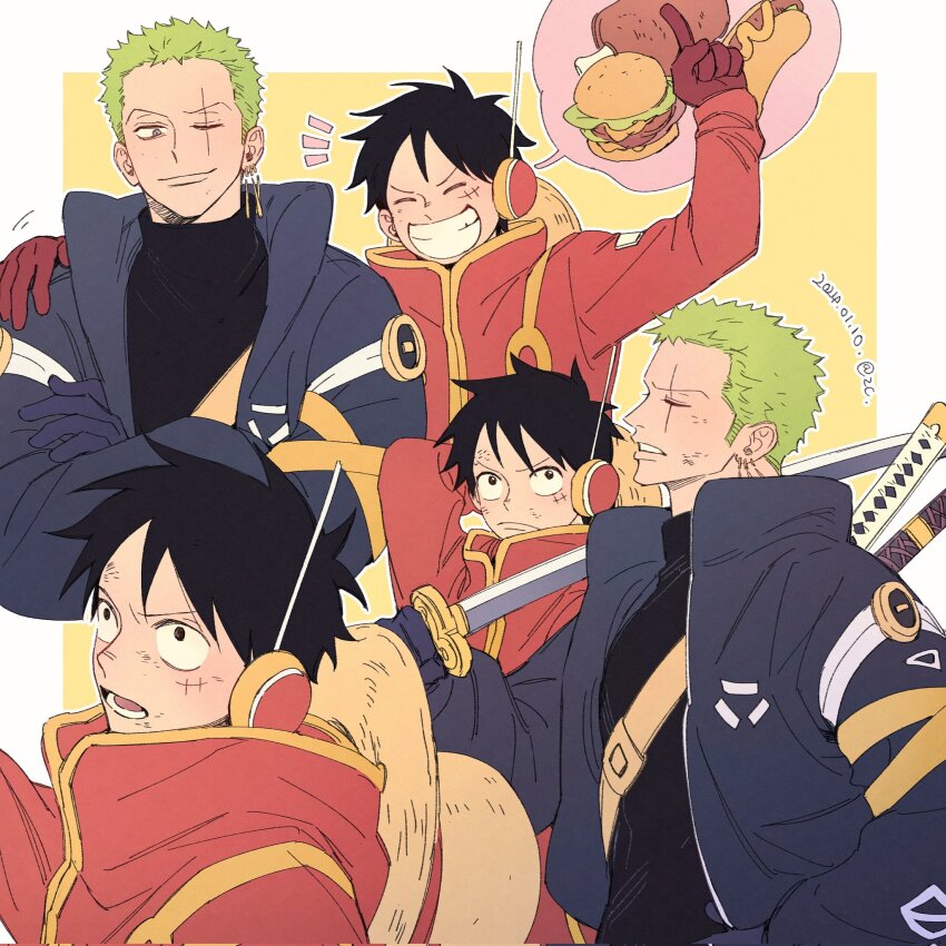 2boys, black_hair, black_jacket, closed_eyes, earrings, facial_scar, green_hair, hat, hat_on_back, highres, holding, jacket, jewelry, male_focus, monkey_d._luffy, multiple_boys, one_piece, open_mouth, roronoa_zoro, scar, scar_across_eye, scar_on_cheek, scar_on_face, short_hair, smile, straw_hat, sword, teeth, weapon, zechengm19