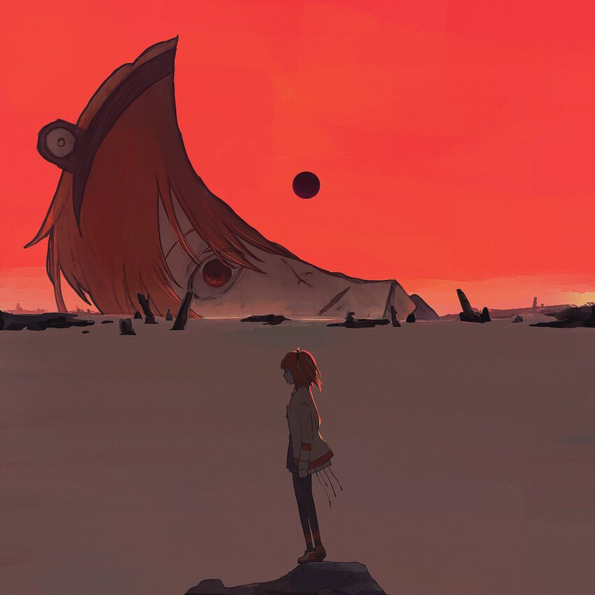 2girls, a.i._voice, adachi_rei, black_pantyhose, corpse, desert, dual_persona, eiri7hamono, from_side, giant, giantess, grey_skirt, hair_ribbon, headlamp, heel_up, highres, jacket, looking_at_viewer, medium_hair, meme, multiple_girls, neon_genesis_evangelion, netsu_ijou_(utau), on_rock, one_side_up, orange_eyes, orange_hair, orange_sky, outdoors, pantyhose, parody, parted_lips, partially_buried, profile, ribbon, shoes, skirt, sky, sneakers, split_head, standing, standing_on_rock, surreal, the_end_of_evangelion, utau, white_jacket, white_ribbon, wide-eyed, wide_shot