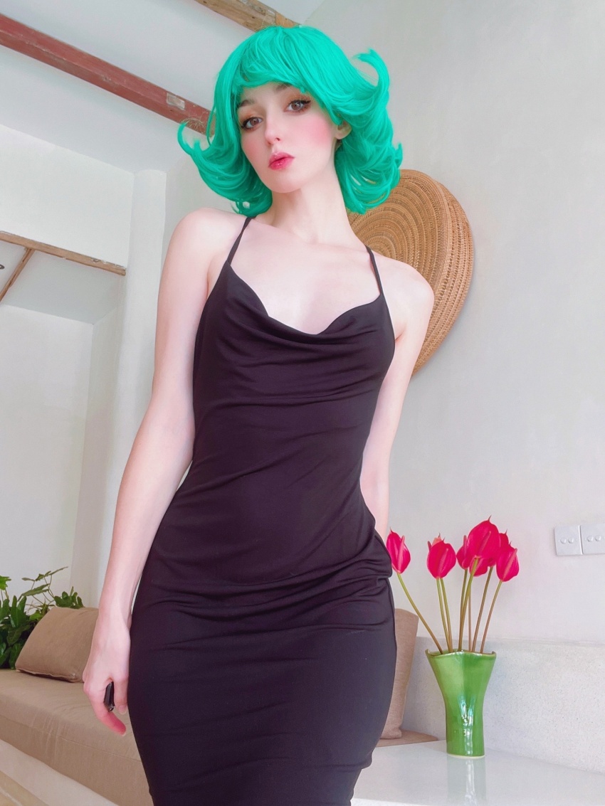 1girl, cosplay, green_hair, highres, medium_hair, one-punch_man, photo_(medium), real_life