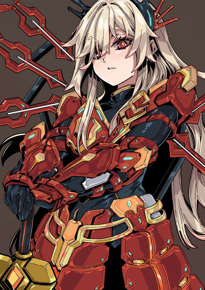 1girl, absurdres, armor, blonde_hair, bodysuit, breastplate, covered_navel, daiou_medama