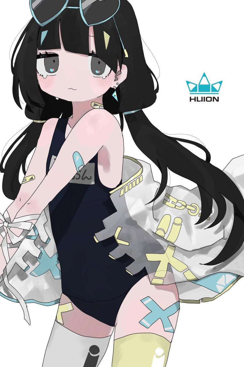 1girl, :3, bandaid, bandaid_on_arm, bandaid_on_neck, black_eyes, black_hair, blue-framed_eyewear, blue_one-piece_swimsuit, crossed_bandaids, earrings, eyewear_on_head, hair_ornament, hairclip, heart, heart-shaped_eyewear, highres, huion, inabakumori, jacket, jewelry, logo, low_twintails, nukunuku_nigirimeshi, official_art, one-piece_swimsuit, osage_(nukunuku_nigirimeshi), product_placement, ribbon, see-through_clothes, see-through_jacket, simple_background, solo, swimsuit, tears, thighhighs, twintails, white_background, white_jacket, white_ribbon, white_thighhighs, yellow_thighhighs