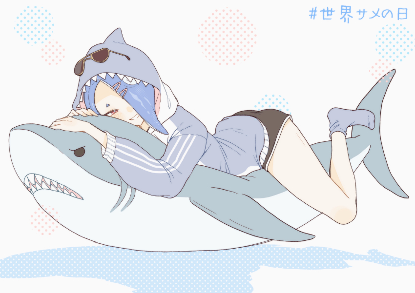 1girl, absurdres, animal_hood, ankle_socks, black_eyes, blue_hair, blue_hoodie, blue_socks, boxers, commentary_request, eyewear_on_head, full_body, grin, hair_ornament, hair_over_one_eye, hairclip, hd_rock, highres, hood, hood_up, hoodie, korean_commentary, long_sleeves, looking_at_viewer, lying, male_underwear, master_mega_(splatoon), medium_hair, nintendo, no_shoes, octoling, on_stomach, one_eye_covered, red_eyes, shadow, shark, shark_hood, sharp_teeth, shiver_(splatoon), smile, socks, solo, splatoon_(series), splatoon_3, stuffed_animal, stuffed_shark, stuffed_toy, sunglasses, teeth, tentacle_hair, translation_request, underwear, white_background