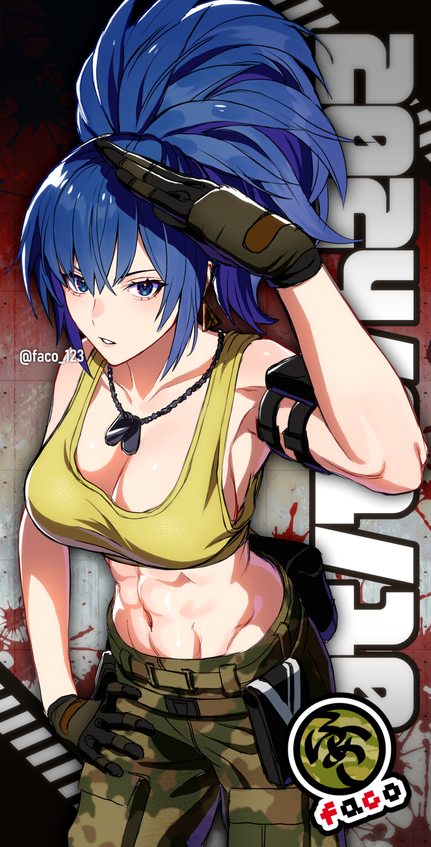 1girl, abs, absurdres, arm_pouch, artist_name, blue_eyes, blue_hair, camouflage, camouflage_pants, cargo_pants, crop_top, dog_tags, earrings, faco, gloves, highres, jewelry, leona_heidern, muscular, muscular_female, navel, pants, ponytail, salute, snk, soldier, solo, tank_top, the_king_of_fighters, the_king_of_fighters_xv, triangle_earrings, twitter_username, yellow_tank_top