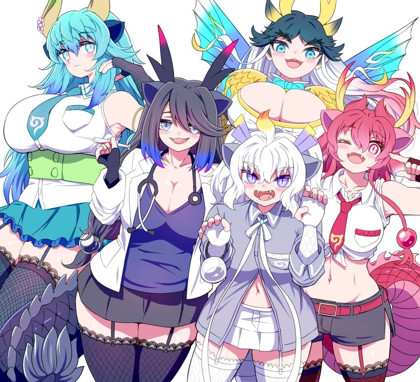 5girls, ahoge, animal_ears, aqua_hair, arm_up, behind_another, belt, black_dragon_(kemono_friends), black_hair, black_horns, blonde_hair, blue_dragon_(kemono_friends), blue_eyes, blue_hair, blush, breast_pocket, breasts, claw_pose, closed_mouth, coat, collared_shirt, cropped_shirt, doctor, dragon_ears, dragon_girl, dragon_horns, dragon_tail, fangs, fingerless_gloves, garter_straps, gloves, hands_up, height_difference, highres, holding, holding_syringe, horns, huge_breasts, impossible_clothes, impossible_shirt, japari_symbol, kemono_friends, kemono_friends_3, kirin_(kemono_friends), lab_coat, large_breasts, long_hair, looking_at_viewer, mamiyama, midriff, miniskirt, multicolored_hair, multicolored_horns, multiple_girls, navel, necktie, one_eye_closed, open_clothes, open_coat, open_mouth, orange_hair, parted_bangs, pink_horns, pocket, purple_eyes, purple_hair, purple_horns, red_dragon_(kemono_friends), red_eyes, red_hair, red_horns, shirt, shorts, skindentation, skirt, slit_pupils, small_breasts, smile, stethoscope, stomach, syringe, tail, thighhighs, underbust, very_long_hair, white_coat, white_dragon_(kemono_friends), white_hair, wing_collar, wings, yellow_horns