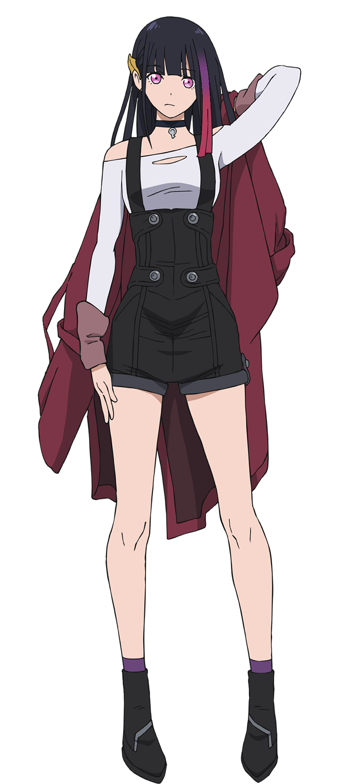 1girl, arm_up, black_hair, black_overalls, boots, closed_mouth, hair_ornament, highres