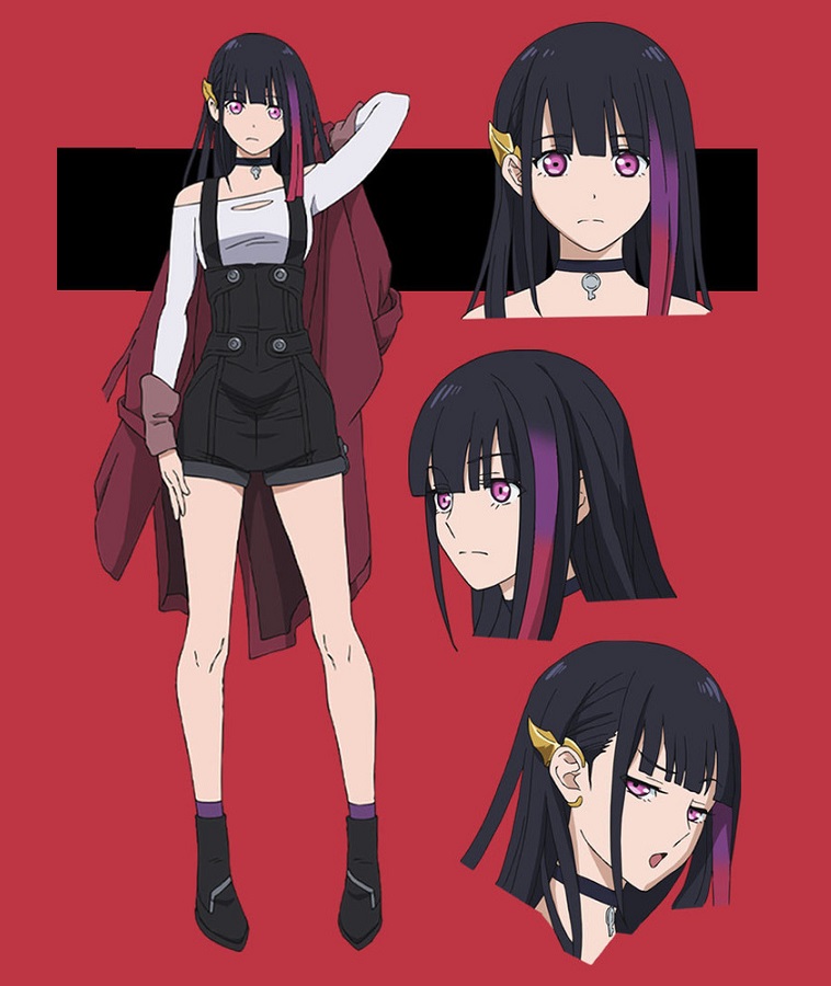1girl, arms_up, black_hair, black_overalls, boots, closed_mouth, disgust, hair_ornament
