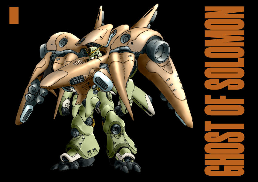 absurdres, arm_cannon, black_background, clenched_hands, derivative_work, english_text, fusion, gerbera_tetra, gundam, gundam_0083, gundam_gp-02_physalis, highres, machinery, mecha, mecha_focus, mobile_armor, mobile_suit, original, redesign, robot, science_fiction, thrusters, v32, vernier_thrusters, weapon