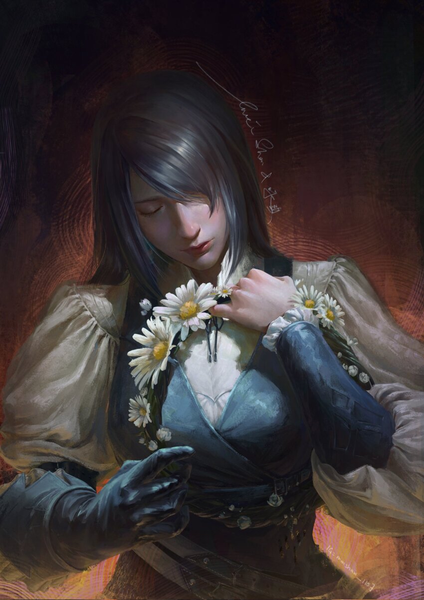 1girl, blue_gloves, blue_vest, closed_eyes, commentary, commission, commissioner_upload, dark_blue_gloves