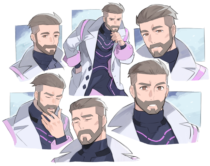 1boy, bara, beard, bodysuit, brown_hair, closed_eyes, coat, cowboy_shot