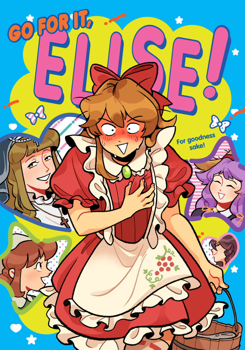 5girls, ayedah, blush, brown_hair, character_request, closed_eyes, cover, cover_page