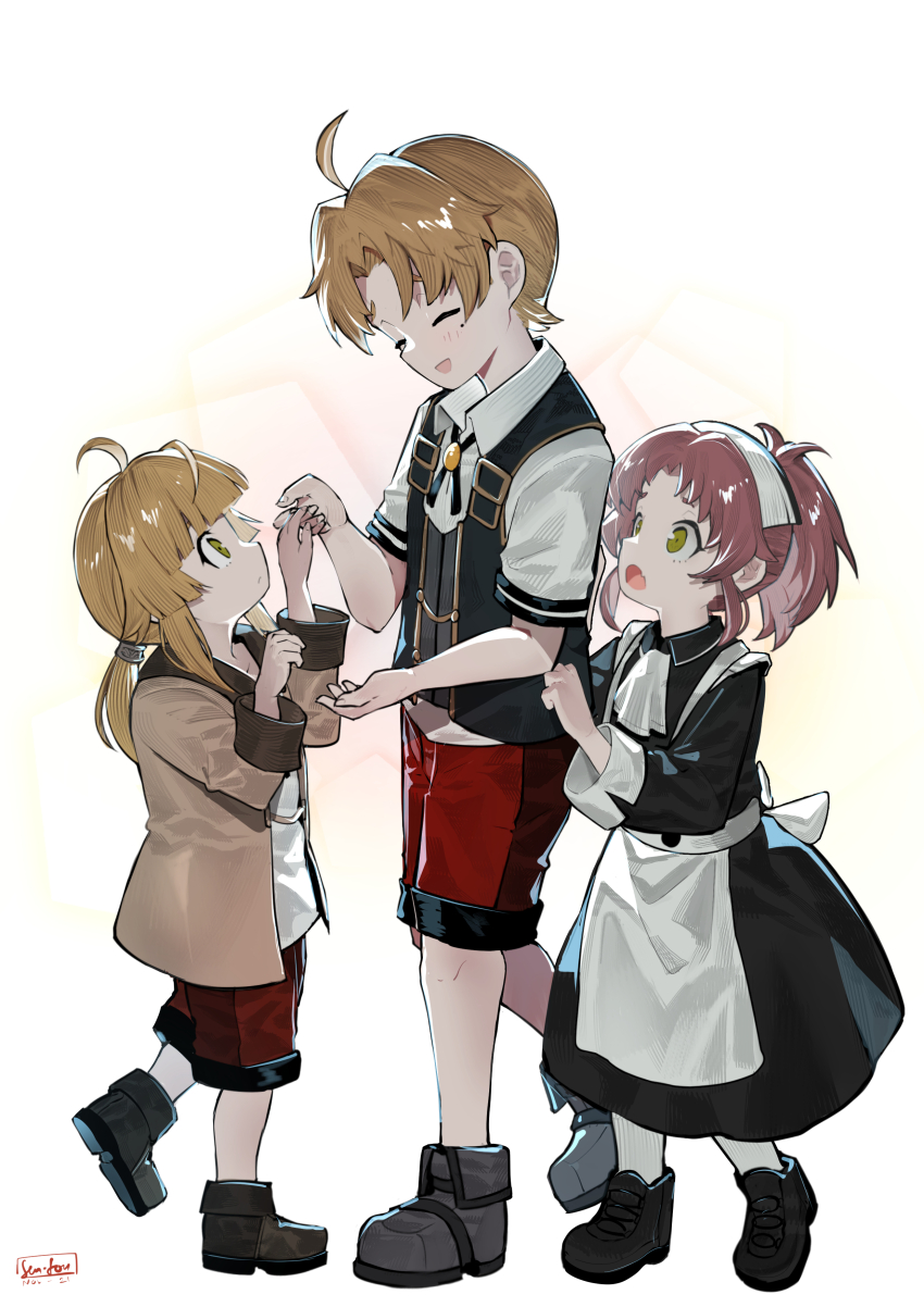 1boy, 2girls, :o, absurdres, ahoge, aisha_greyrat, apron, ascot