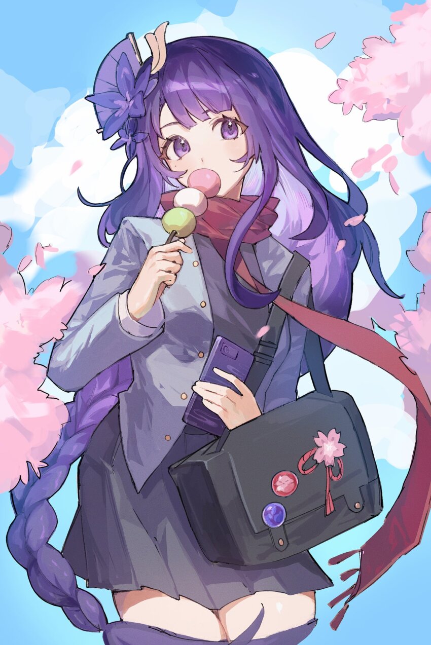 1girl, cherry_blossoms, cloud, contemporary, dango, day, eating, falling_petals, food, genshin_impact, hair_ornament, highres, holding, holding_food, holding_skewer, jacket, long_hair, looking_at_viewer, nagelicat, outdoors, petals, pleated_skirt, purple_eyes, purple_hair, raiden_shogun, sanshoku_dango, scarf, skewer, skirt, sky, thighs, wagashi