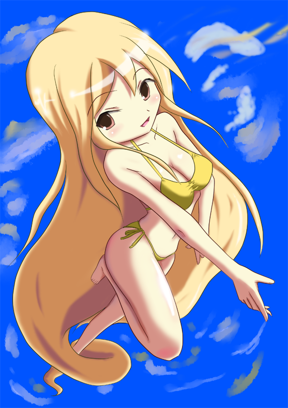 1990s_(style), 1girl, barbariccia, barefoot, bikini, blonde_hair, breasts, brown_eyes