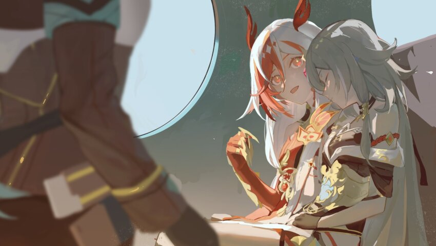 1boy, 2girls, animal_hands, asymmetrical_clothes, asymmetrical_gloves, asymmetrical_sleeves, bare_shoulders, belt, black_coat, black_dress, black_shorts, black_sports_bra, breasts, china_dress, chinese_clothes, choker, claws, cleavage, closed_eyes, closed_mouth, coat, detached_sleeves, dress, elbow_gloves, eyeliner, fu_hua, fu_hua_(garuda), herrscher_of_sentience, gloves, grey_hair, hair_between_eyes, hair_ornament, hanfu, highres, honkai_(series), honkai_impact_3rd, jewelry, kevin_kaslana, kuliukunkunkunkunkunkunkun, long_hair, low-tied_long_hair, low_twintails, makeup, mismatched_gloves, multicolored_hair, multiple_girls, on_head, open_mouth, red_eyeliner, red_eyes, red_gloves, red_hair, red_rope, red_scales, rope, scales, shorts, single_bare_shoulder, single_detached_sleeve, sitting, sleeping, sleeping_on_person, small_breasts, sports_bra, sportswear, streaked_hair, symbol-shaped_pupils, twintails, two-tone_hair, uneven_sleeves, very_long_hair, white_hair, yellow_belt, yellow_pupils