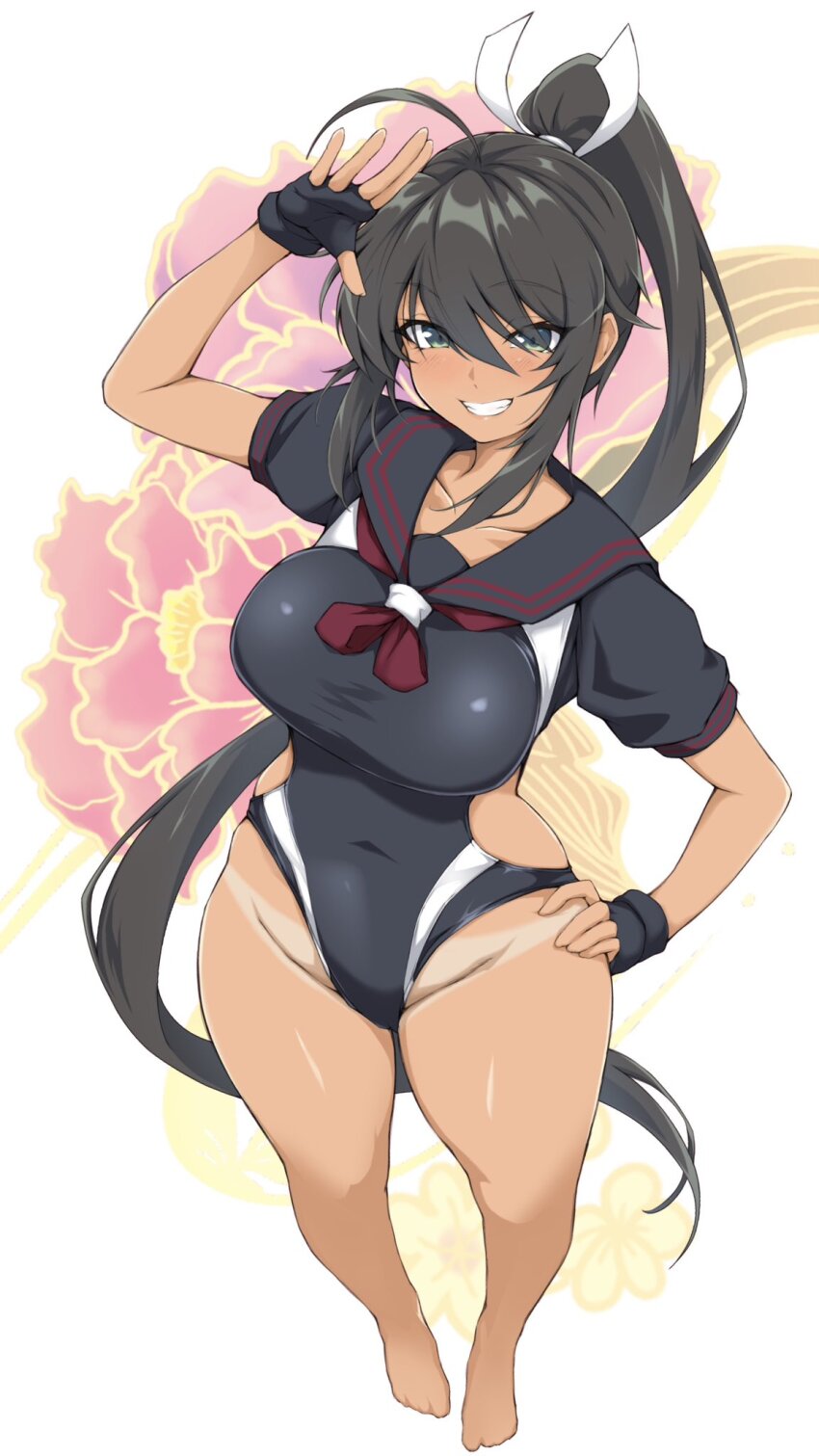 1girl, azur_lane, barefoot, black_hair, breasts, clenched_teeth, competition_swimsuit, covered_navel