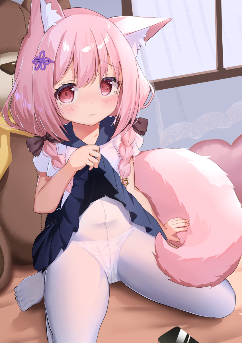 1girl, animal_ears, braid, clothes_lift, commentary_request, female_focus, fox_ears, fox_girl